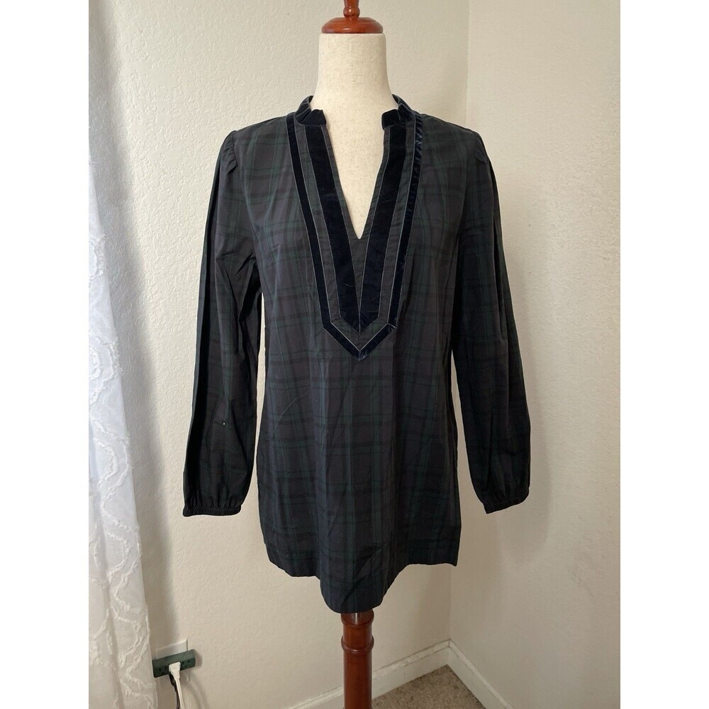 J.Crew Plaid Velvet Trim Tunic Blouse Womens S Top Green Black Dark Academia